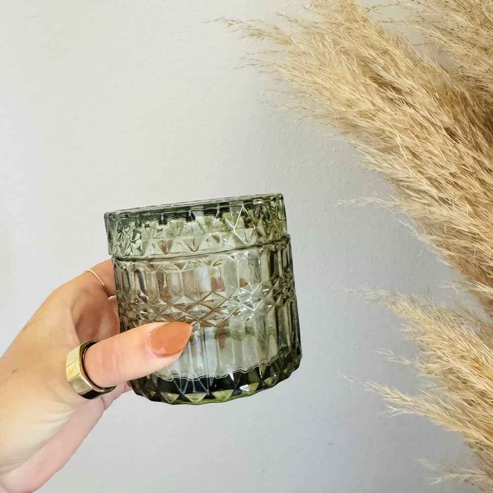 NEW ANTHROPOLOGIE Green Olive Glass Etched Lidded Storage Decor Container